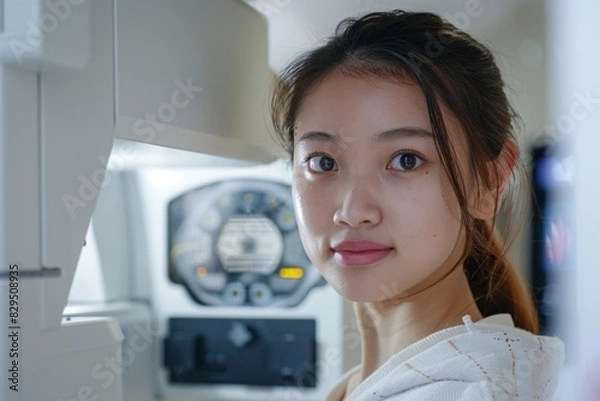 Fototapeta A woman is being examined for bone density using a C Bone Densitometer Machine to research osteoporosis.
