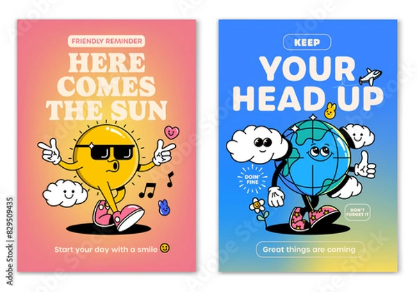 Fototapeta Retro cartoon walking smiled Sun and Ice Earth mascot character surrounded by smiled elements and motivation lettering. Illustration for t-shirt print or poster design. Vector illustration