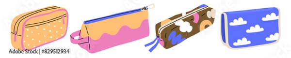 Fototapeta Four children's school pencil cases in different colors with bright abstract prints. Pockets for stationery. Vector illustration isolated on transparent background.