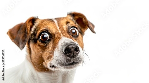 Fototapeta Close Up of a Surprised Dog With a White Background