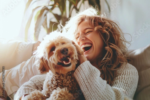 Obraz A young woman is sitting on the sofa, playing with her dog and laughing happily in front of bright sunlight at home. 