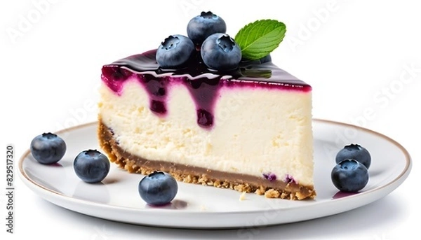 Fototapeta Slice of blueberry cheesecake isolated on white background. Generative ai