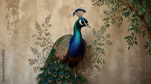 Fototapeta peacock is perched on a branch. The peacock has bright blue and green feathers