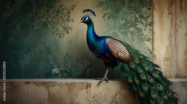 Fototapeta peacock is perched on a branch. The peacock has bright blue and green feathers
