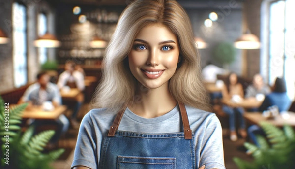Fototapeta Close-up of a woman wearing an apron in a quaint cafe. She has a joyful expression on her face, with the cafe in the background. This image is perfect for marketing a cafe.