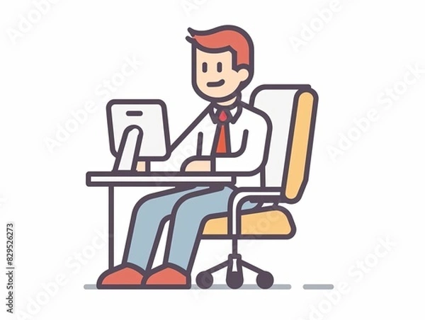 Fototapeta A man is sitting at a desk with a computer and a keyboard
