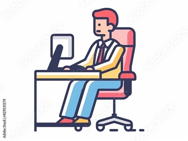 Fototapeta A man is sitting at a desk with a computer and a keyboard