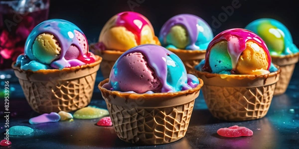 Fototapeta A colorful display of ice cream flavors in various forms. Scoops of ice cream in different colors and textures fill bowls, cones, and waffle cups