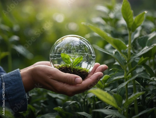Fototapeta Hands protecting globe of green tree on tropical nature Green background, Ecology and Environment concept