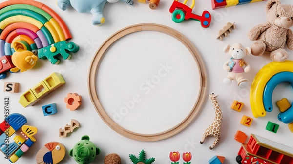 Fototapeta Colorful Toys Arranged Around Circular Track on White Background