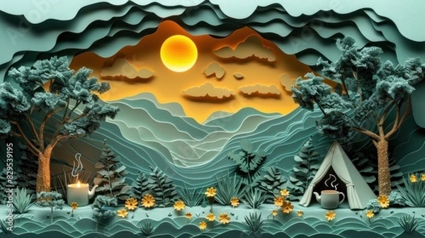Fototapeta Artistic paper cut of a forest campsite with a cozy coffee nook beside a tent