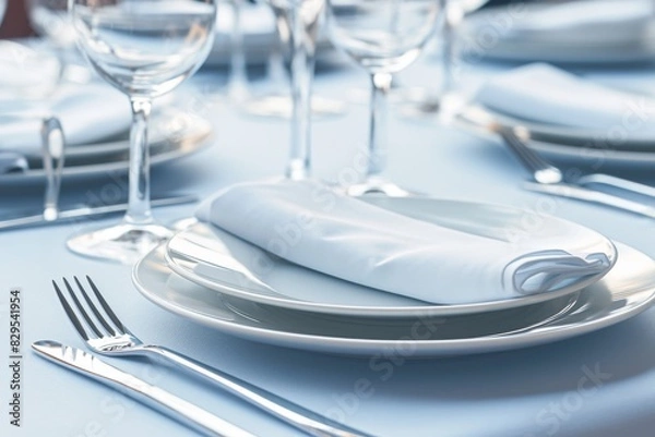 Fototapeta Pristine Plates Ready for Formal Dinner, Generative AI