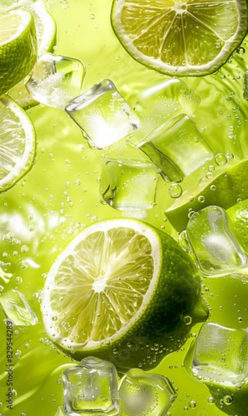Obraz Lime slices in water with ice cubes, closeup, high resolution photography, green background.