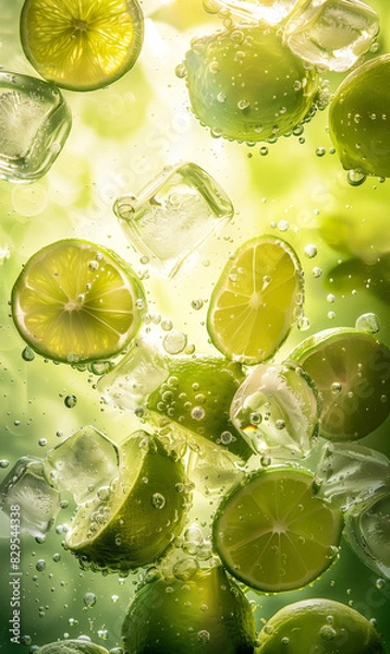 Obraz Lime slices in water with ice cubes, closeup, high resolution photography, green background.