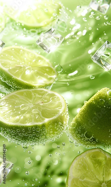 Obraz Lime slices in water with ice cubes, closeup, high resolution photography, green background.