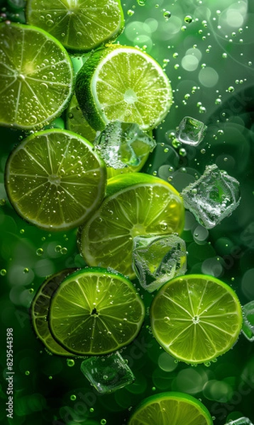 Obraz Lime slices in water with ice cubes, closeup, high resolution photography, green background.