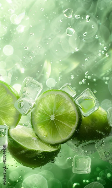 Obraz Lime slices in water with ice cubes, closeup, high resolution photography, green background.