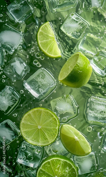 Obraz Lime slices in water with ice cubes, closeup, high resolution photography, green background.