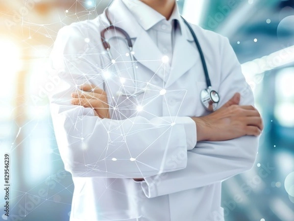 Obraz Doctor in uniform holding stethoscope and crossed arms. Hospital or clinic background and copy space