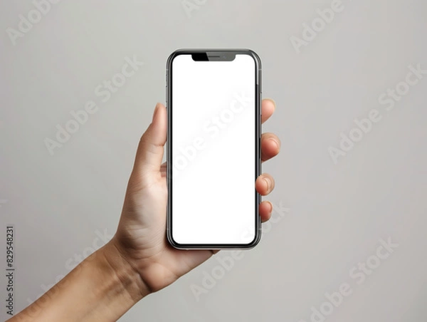 Fototapeta Hand Holding Smartphone With Blank Screen Transparent Mockup Against Light Background