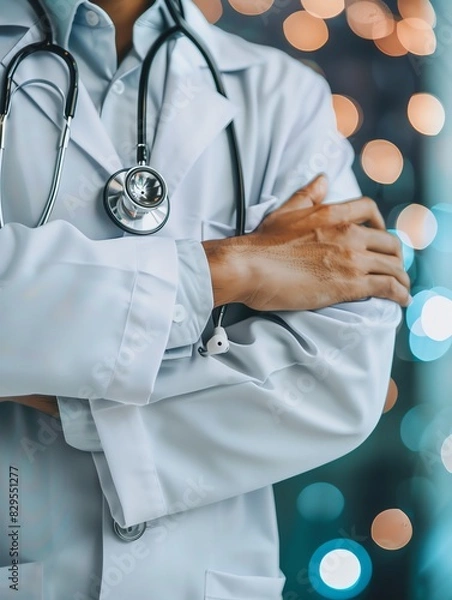 Obraz Doctor in uniform holding stethoscope and crossed arms. Hospital or clinic background and copy space