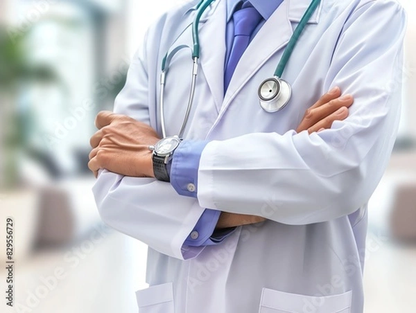 Obraz Doctor in uniform holding stethoscope and crossed arms. Hospital or clinic background and copy space