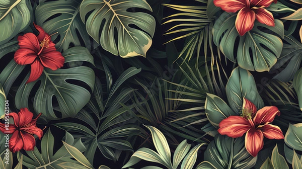 Fototapeta Tropical leaves and red flowers seamless pattern AI generated