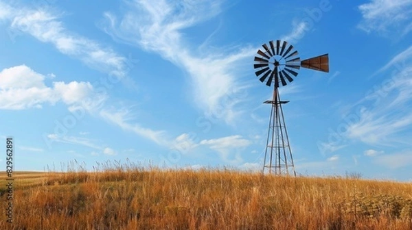Fototapeta Small windmill, wind turbine energy. Energy source from wind energy. Alternative electricity.