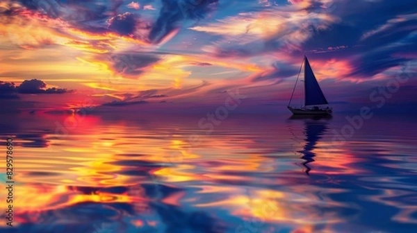 Fototapeta Silhouetted sailboat against a vibrant sunset sky.