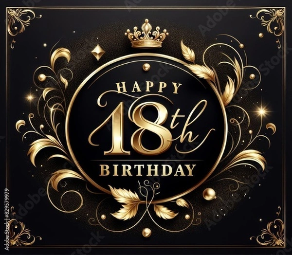 Fototapeta Elegant Black and Gold 18th Birthday Card with Crown and Flourishes for Milestone Party Invitations