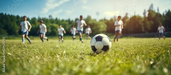Obraz School children practicing football on a grass field during a summer training camp with a group of kids running and kicking soccer balls in an image with copy space