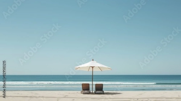 Fototapeta Relaxing beach scene with umbrella and lounge chairs. Beach umbrella providing shade, comfortable lounge chairs for sunbathing.
