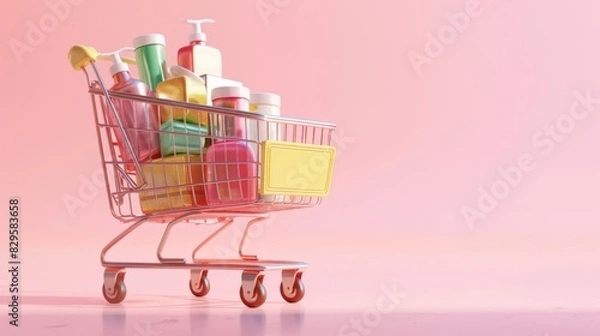 Fototapeta 3d rendering shopping cart with different products isolated on flat background.