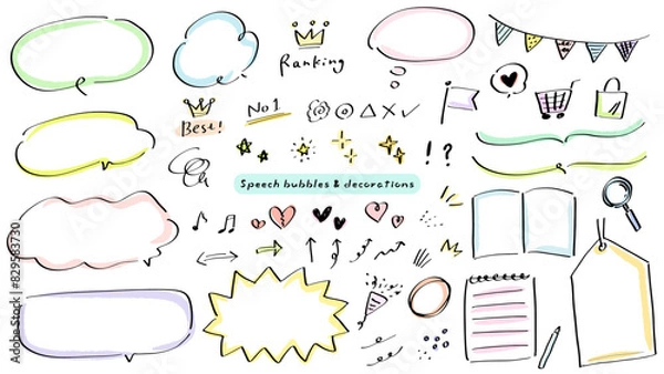 Fototapeta A simple and stylish hand-drawn illustration with marker pen speech bubbles and decorations. / マーカーペンの吹き出しと装飾あしらい、シンプルでおしゃれな手描きのイラスト