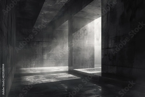 Fototapeta Dark Grungy Interior. Concrete Abstract Rendering with Misty Three-Dimensional Illustration