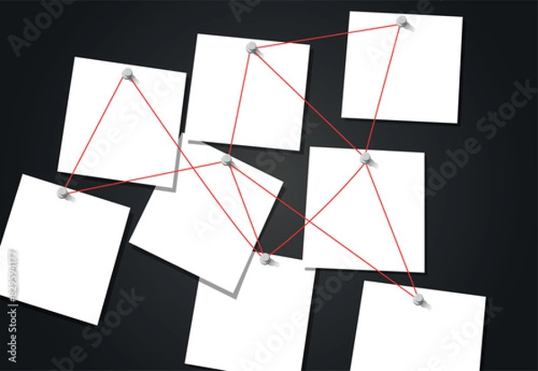 Fototapeta Realistic 3d Detailed Investigation Board or Detective Map with Pinned Paper and Note. Vector illustration of Plan Work