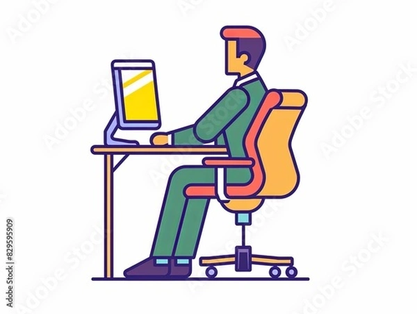 Fototapeta A man is sitting at a desk with a computer monitor in front of him