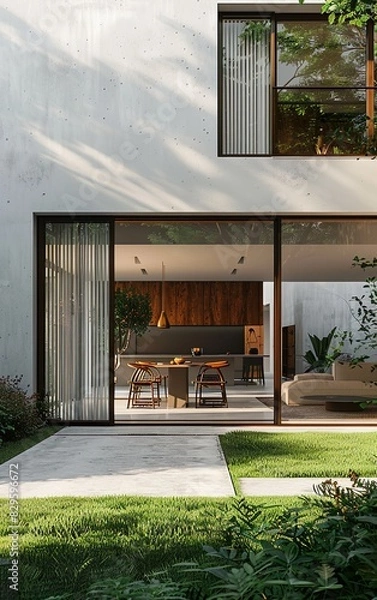 Fototapeta A house with a large open door leading to a patio