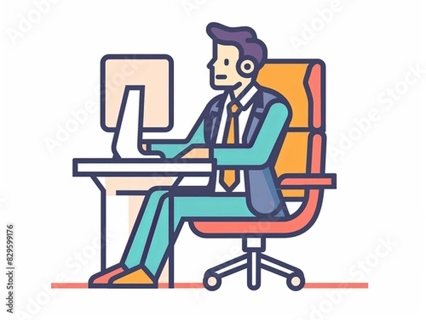 Fototapeta A man is sitting at a desk with a computer and a chair