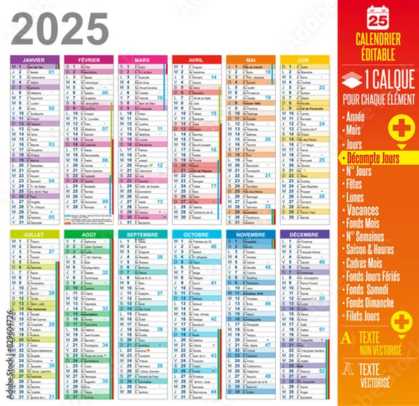 Fototapeta 2025 French Calendar Template - Easy to customize