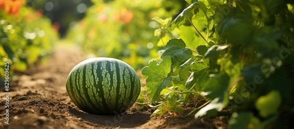 Obraz Watermelon in the garden during autumn s harvest season with a selective focus on the fruit creating a visually appealing image with copy space