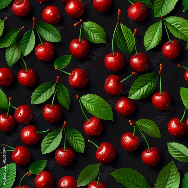 Fototapeta Red cherries on a dark background in a pattern, creating a striking visual contrast.