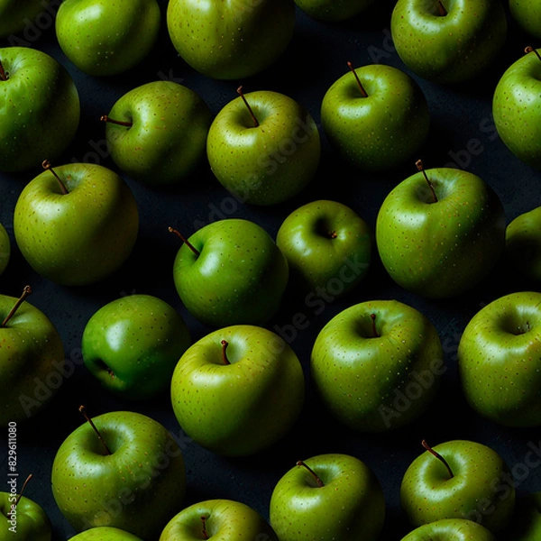 Fototapeta Green apples on a dark background in a pattern, creating a striking visual contrast.