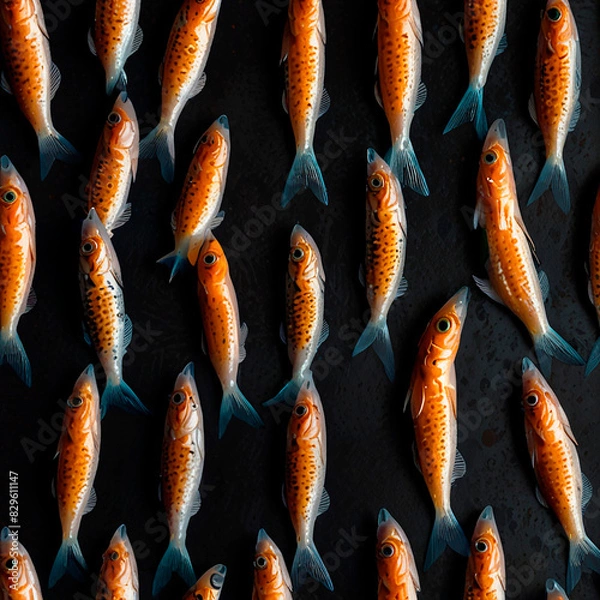 Fototapeta Cooked fishes on a dark background in a pattern, creating a striking visual contrast.