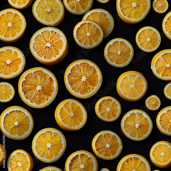Fototapeta Lemon slices on a dark background in a pattern, creating a striking visual contrast.