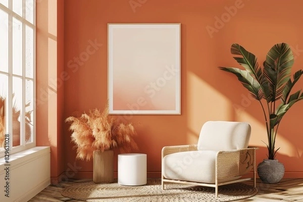 Fototapeta A blank mockup with a wood frame hangs on an off-white wall in a sunlit living room, offering a versatile and customizable space.. Beautiful simple AI generated image in 4K, unique.
