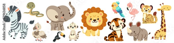 Fototapeta Set of flat vector illustrations in children's style of savannah animals. Cute rhinoceros lemur lion flamingo toucan vulture vulture snake zebra parrot tiger giraffe leopard cheetah . Vector