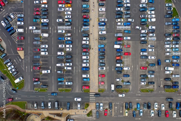 Fototapeta Aerial drone photo of a busy car park in the town of Seacroft in Leeds West Yorkshire in the UK, showing cars parking and looking for parking spaces in the Tesco supermarket carpark