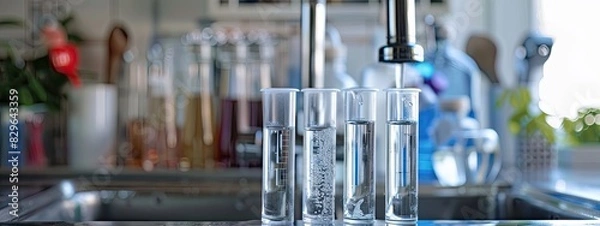 Obraz Test tubes with samples near the water tap. Selective focus.