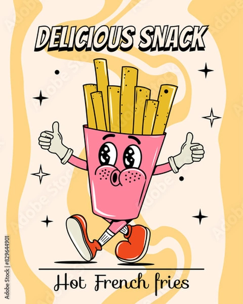 Obraz Sandwich poster in groovy style. Food and drinks. Quick snack. Y2k elements and shapes. Vector. Isolated. Comic and character. Legs and hands.  Vector  illustration. Walking. Retro sticker. Fresh 